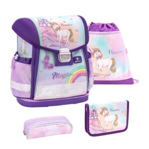 Belmil Schulranzen Classy Schulranzen Set 4-teilig mit Brustgurt Rainbow Unicorn Magic