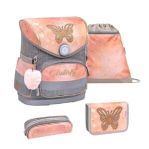 Belmil Schulranzen Compact Schulranzen Set 4-teilig mit Brustgurt Golden Butterfly