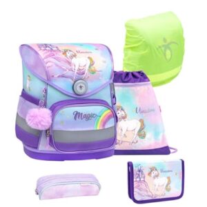 Belmil Schulranzen Compact Schulranzen Set 5-teilig mit Brustgurt Rainbow Unicorn Magic