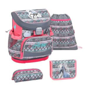 Belmil Schulranzen Mini Fit Schulranzen Set 4-teilig mit Brustgurt Horse Aruba Blue