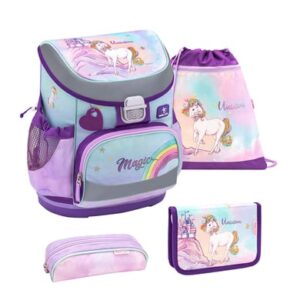 Belmil Schulranzen Mini Fit Schulranzen Set 4-teilig mit Brustgurt Rainbow Unicorn Magic