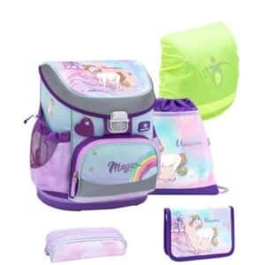 Belmil Schulranzen Mini Fit Schulranzen Set 5-teilig mit Brustgurt Rainbow Unicorn Magic