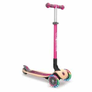 GLOBBER Scooter PRIMO FOLDABLE WOOD LIGHTS pink - mit Leuchtrollen und Holzdeck