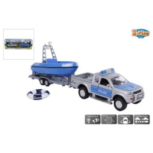 Kids Globe Farming Polizei Auto L200 mit Anhänger + Rettungsboot Blau