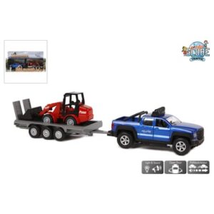 Kids Globe Farming SUV mit Anhänger + Bagger Licht + Sound Rückzugsmotor Blau