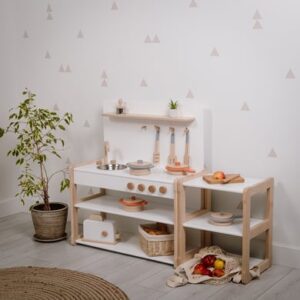Montessori® Kinderkueche aus Holz XL+kleines Regal - multifunktional - grau Montessori® Kindermöbel mehrfarbig